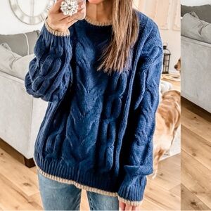 NWT NAVY CABLE KNIT WITH BEIGE TRIM SWEATER